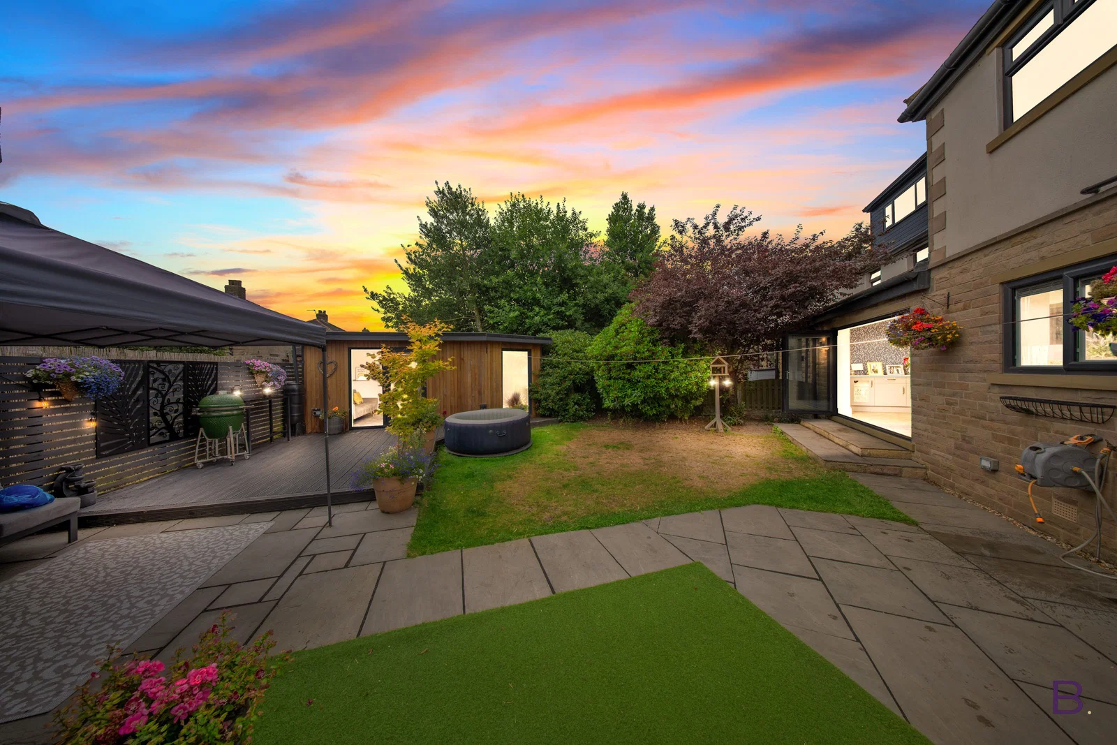 The rear garden at twilight
